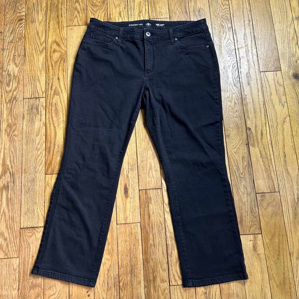 St Johns Bay Womens Straight Leg Jeans Black Denim Size 16W Short‎ Plus Size